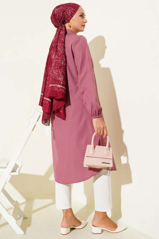 Gömlek Yaka Tek Cepli Uzun Gömlek Gül Kurusu