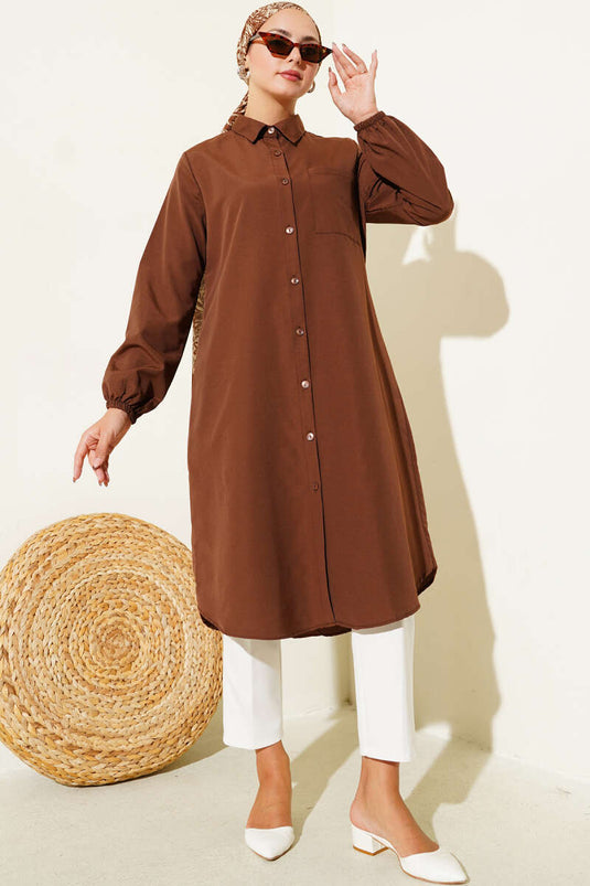 Shirt Collar Single Pocket Long Shirt Brown