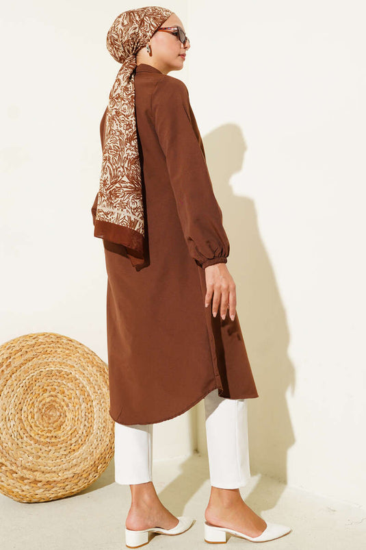 Shirt Collar Single Pocket Long Shirt Brown