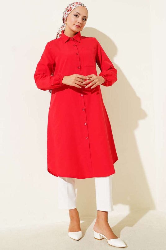 Gömlek Yaka Tek Cepli Uzun Gömlek Kırmızı