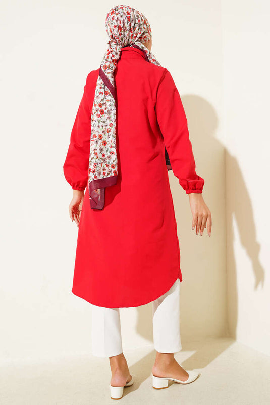 Gömlek Yaka Tek Cepli Uzun Gömlek Kırmızı