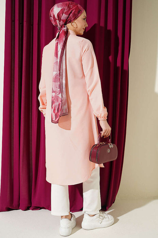 Chemise longue à col chemise avec une poche, couleur poudre