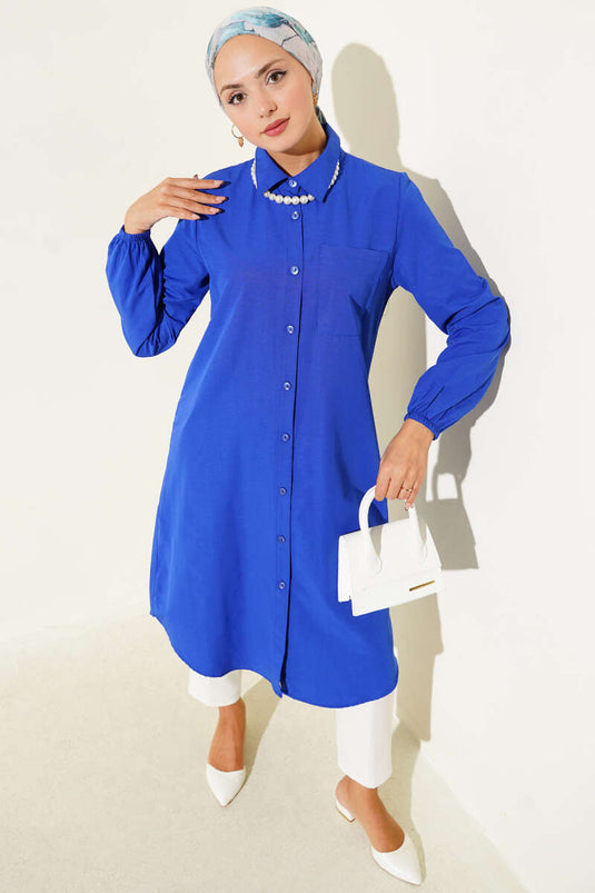 Shirt Collar Single Pocket Long Shirt in Saxe