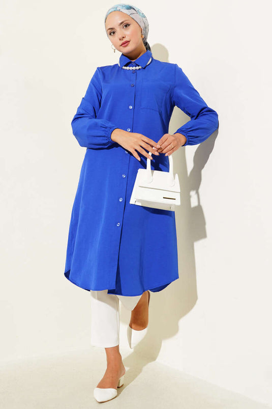 Shirt Collar Single Pocket Long Shirt in Saxe