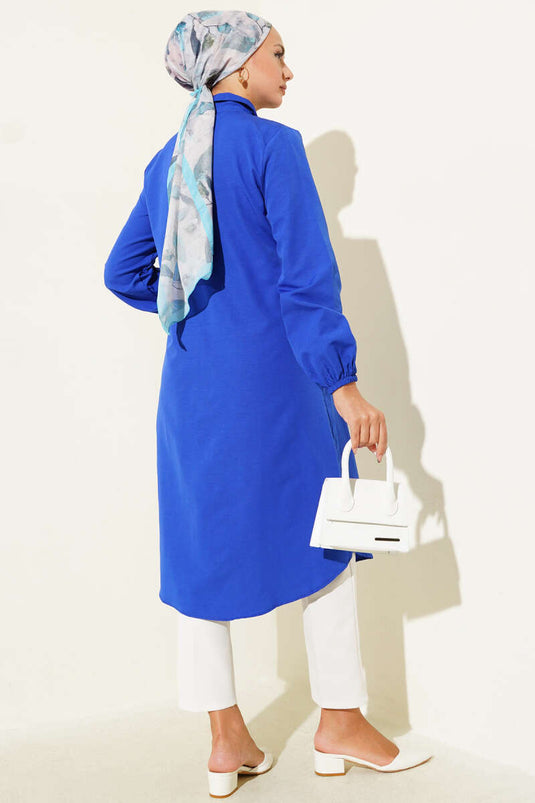 Shirt Collar Single Pocket Long Shirt in Saxe