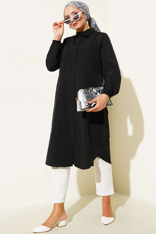 Gömlek Yaka Tek Cepli Uzun Gömlek Siyah