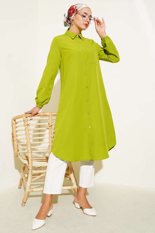 Gömlek Yaka Tek Cepli Uzun Gömlek Yeşil