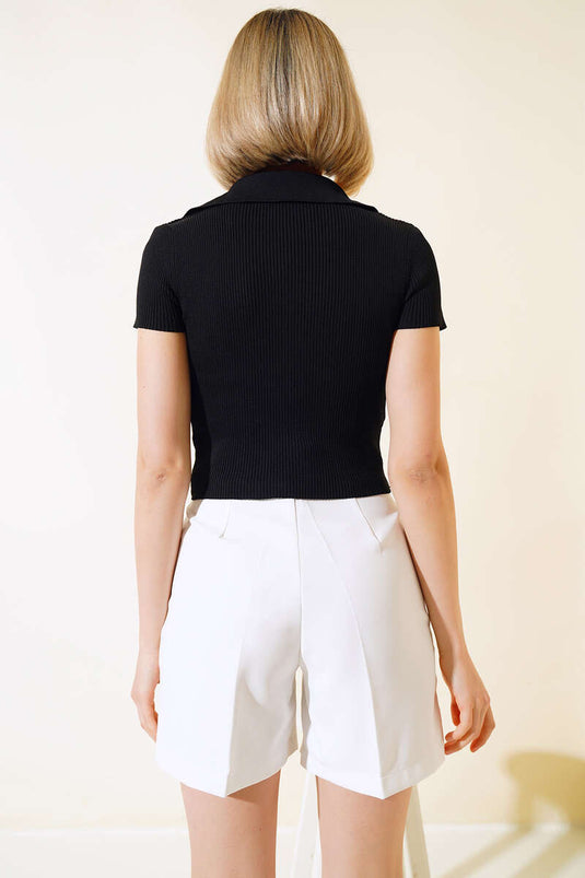 Col Chemise Maille Blouse Noir