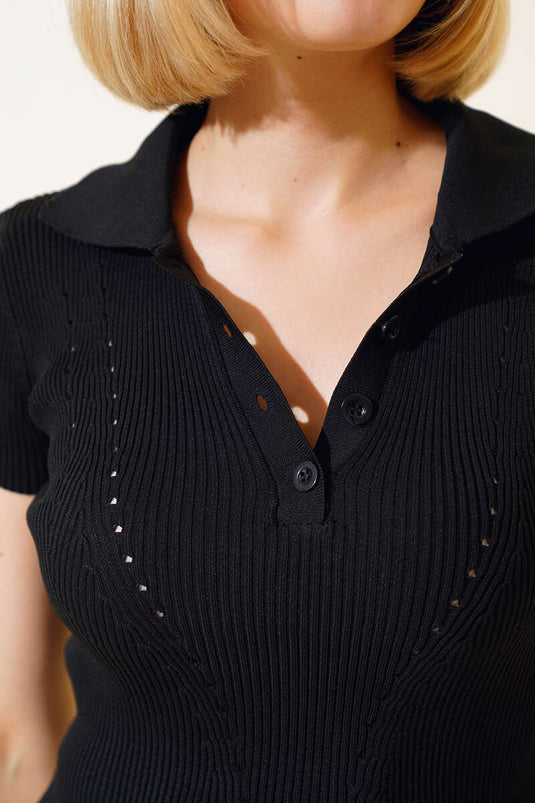 Col Chemise Maille Blouse Noir