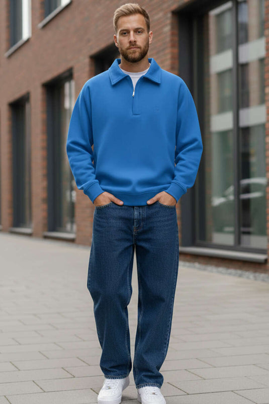 Shirt Collar Triple Thread Men's Sweatshirt Blue