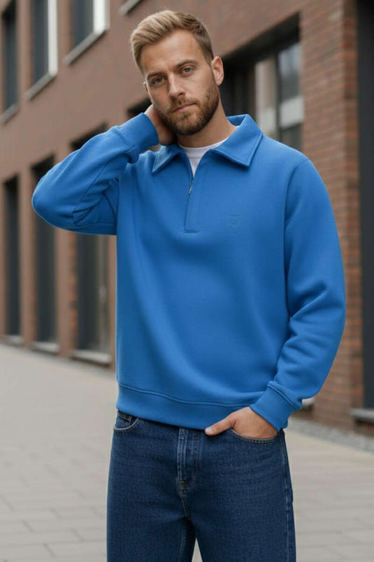 Shirt Collar Triple Thread Men's Sweatshirt Blue