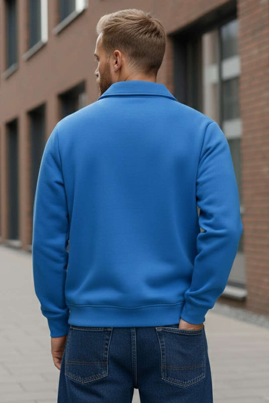 Shirt Collar Triple Thread Men's Sweatshirt Blue