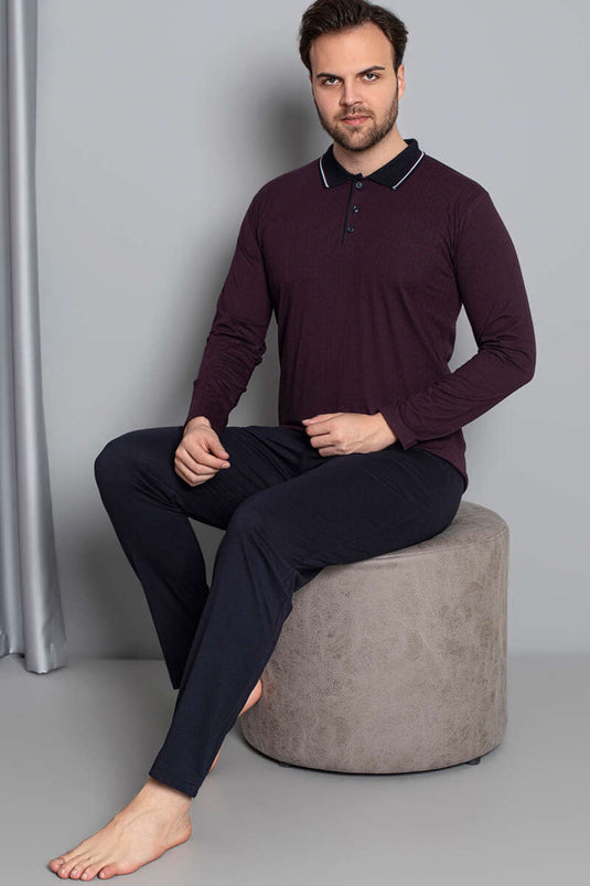 Ensemble pyjama homme bordeaux à manches longues et col chemise