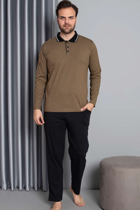 Ensemble pyjama homme camel à manches longues et col chemise