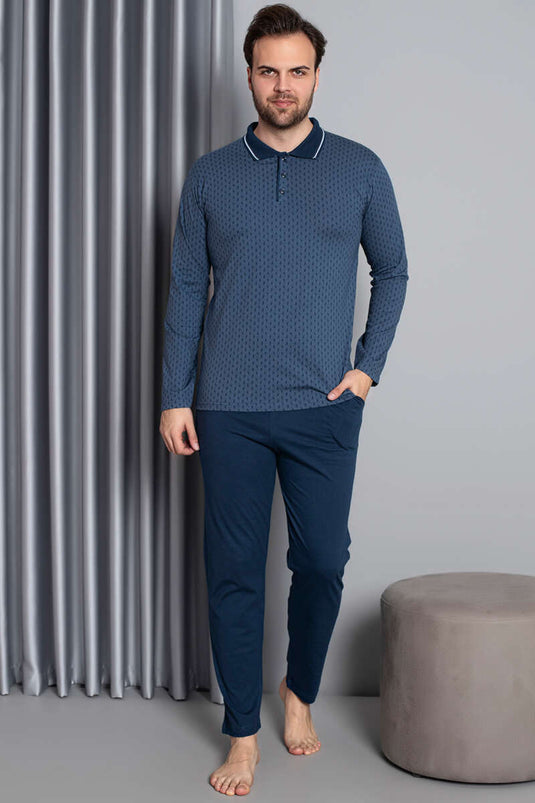 Ensemble pyjama homme bleu à manches longues et col chemise