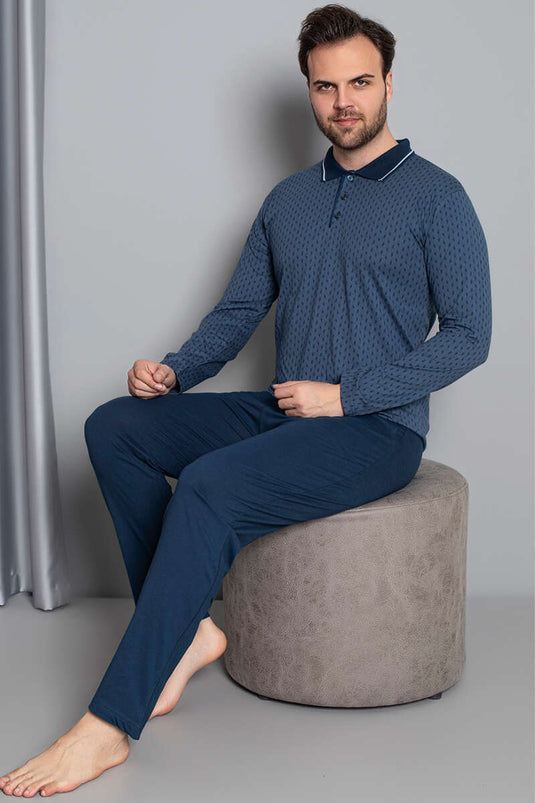 Ensemble pyjama homme bleu à manches longues et col chemise