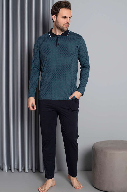 Ensemble pyjama homme à manches longues et col chemise, couleur pétrole