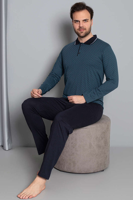 Ensemble pyjama homme à manches longues et col chemise, couleur pétrole