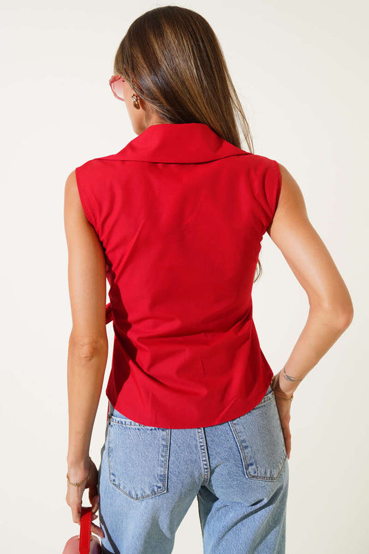 Gömlek Yaka Yan Bağlamalı Bluz Kırmızı