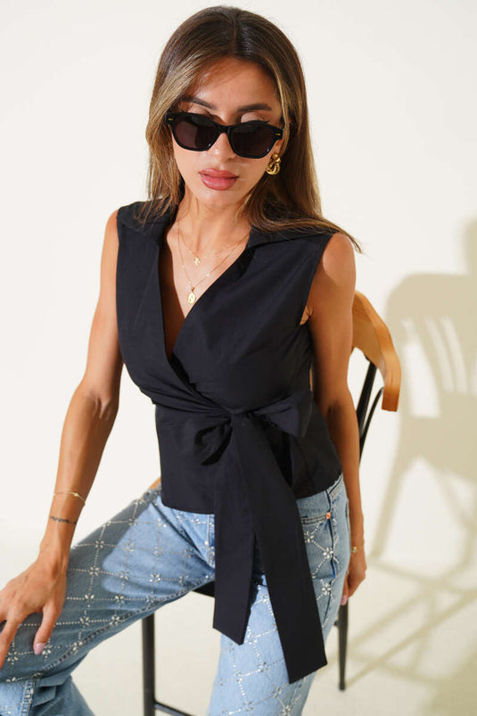 Gömlek Yaka Yan Bağlamalı Bluz Siyah