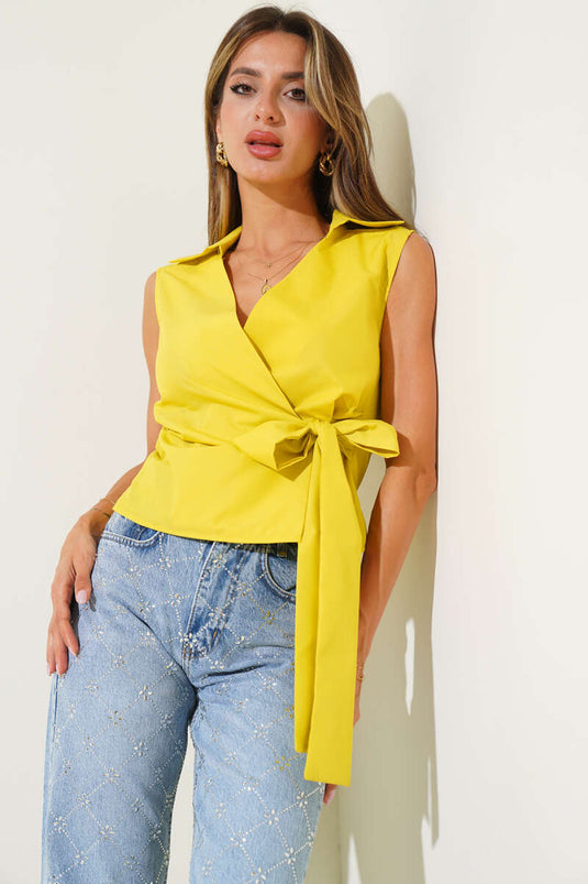 Gömlek Yaka Yan Bağlamalı Bluz Yağ Yeşili