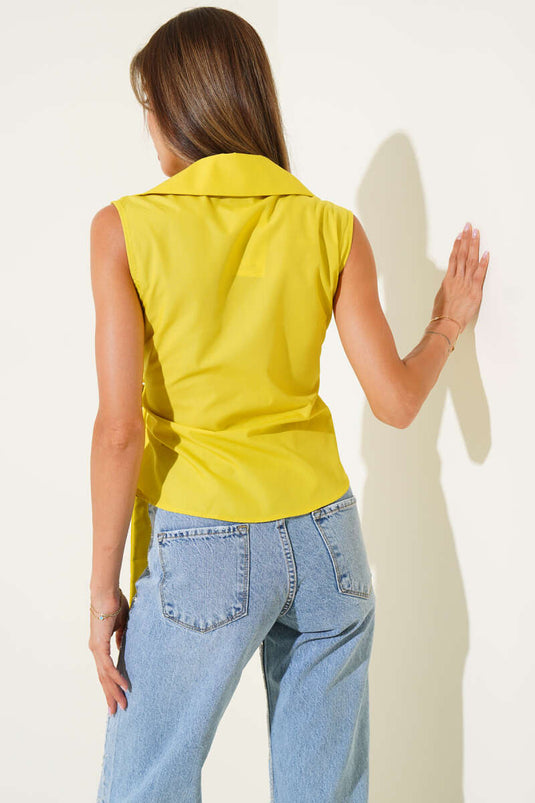 Gömlek Yaka Yan Bağlamalı Bluz Yağ Yeşili