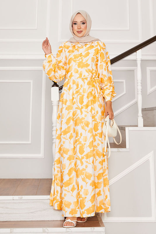 Gömlek Yaka Yandan Bağlamalı Çiçekli Elbise Hardal