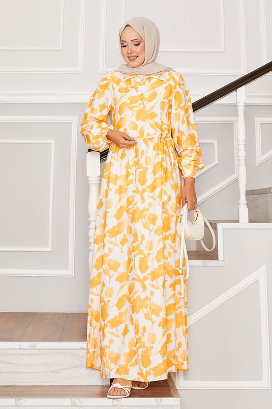 Gömlek Yaka Yandan Bağlamalı Çiçekli Elbise Hardal
