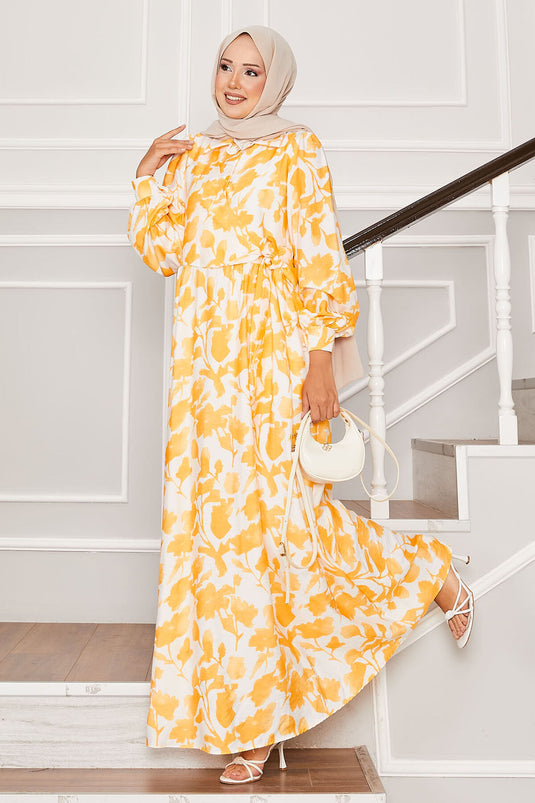 Gömlek Yaka Yandan Bağlamalı Çiçekli Elbise Hardal