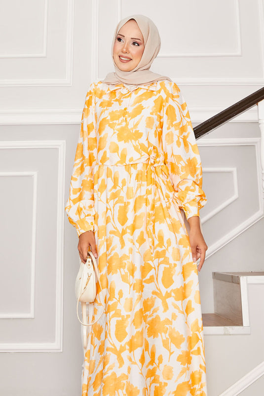 Gömlek Yaka Yandan Bağlamalı Çiçekli Elbise Hardal