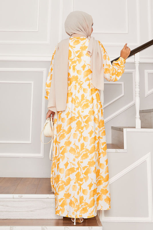 Gömlek Yaka Yandan Bağlamalı Çiçekli Elbise Hardal