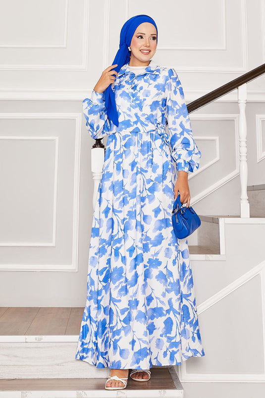 Gömlek Yaka Yandan Bağlamalı Çiçekli Elbise Mavi