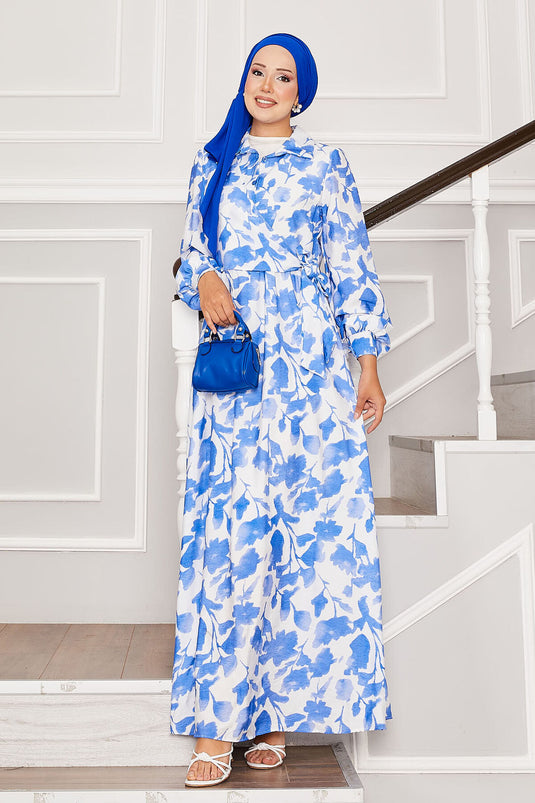 Gömlek Yaka Yandan Bağlamalı Çiçekli Elbise Mavi