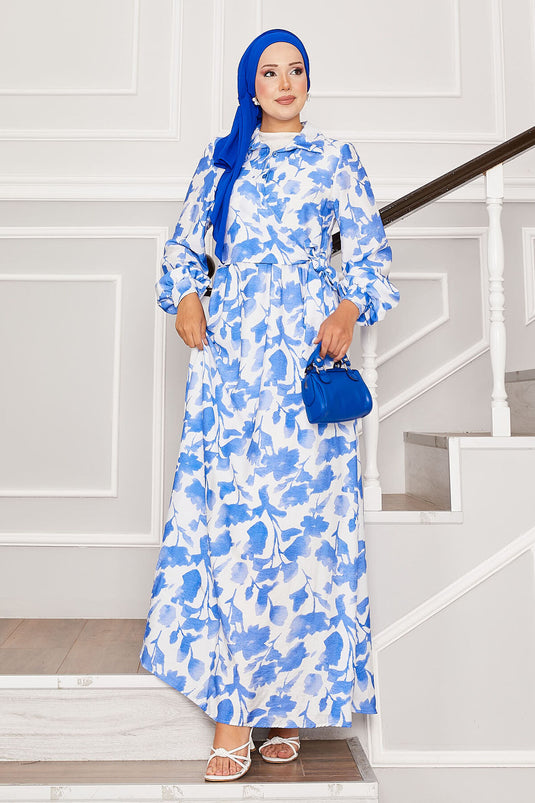 Gömlek Yaka Yandan Bağlamalı Çiçekli Elbise Mavi