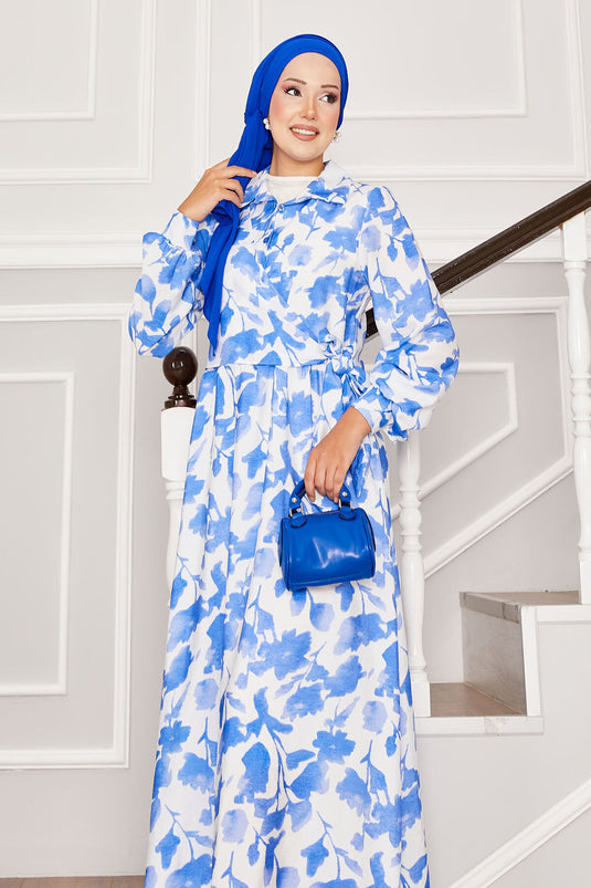 Gömlek Yaka Yandan Bağlamalı Çiçekli Elbise Mavi