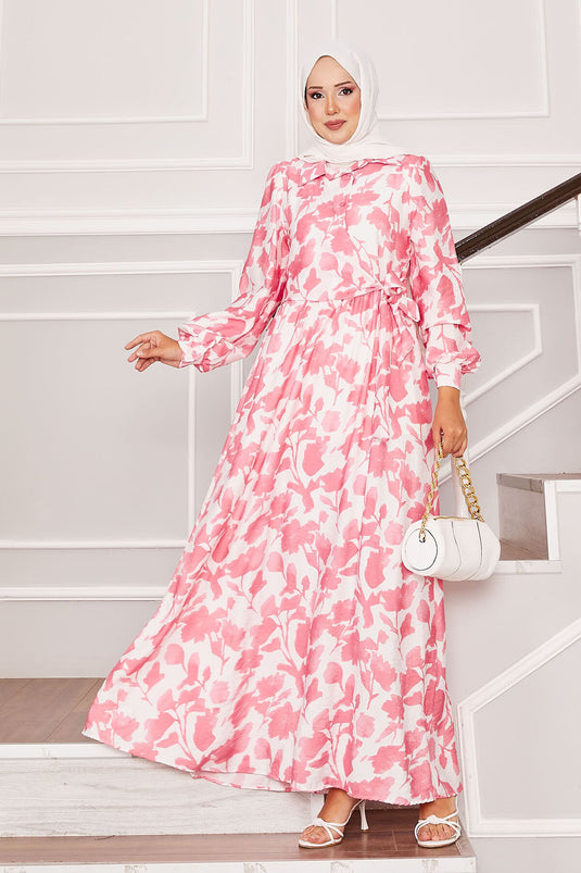 Gömlek Yaka Yandan Bağlamalı Çiçekli Elbise Pembe