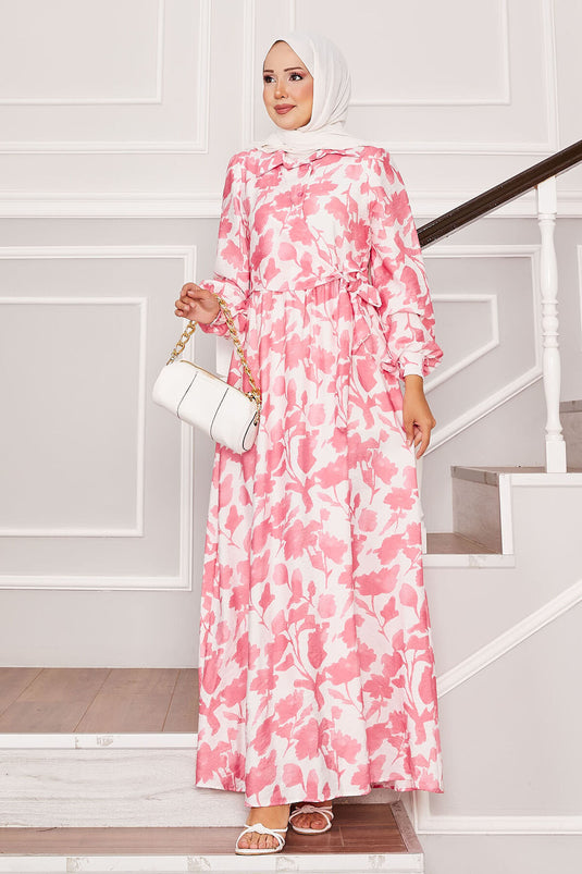 Gömlek Yaka Yandan Bağlamalı Çiçekli Elbise Pembe