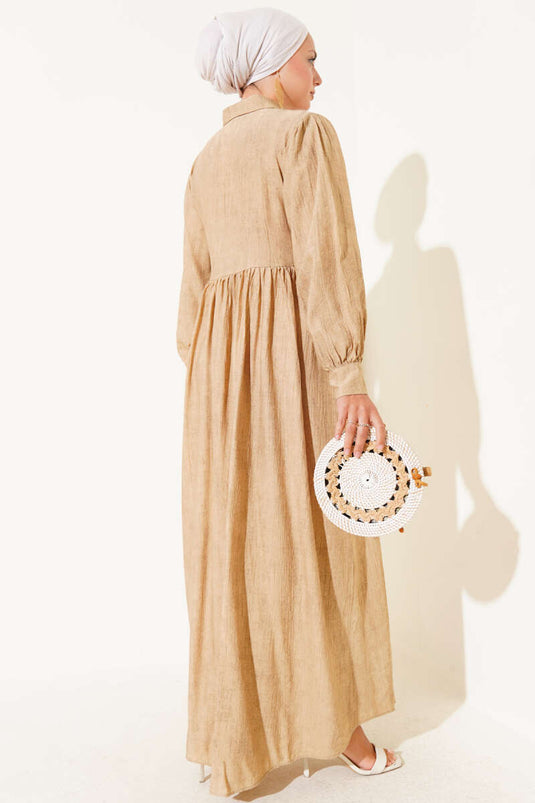 Gömlek Yaka Yandan Bağlamalı Elbise Camel