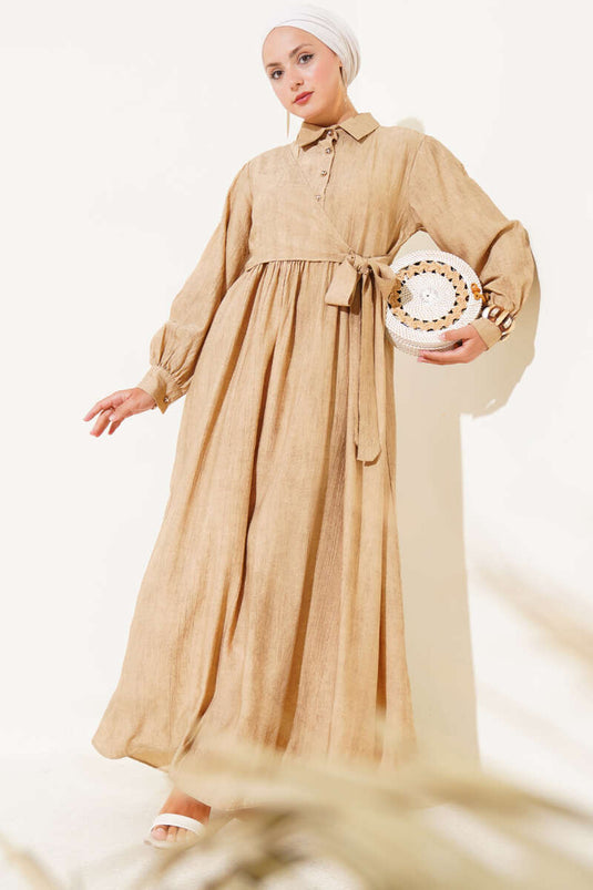 Gömlek Yaka Yandan Bağlamalı Elbise Camel