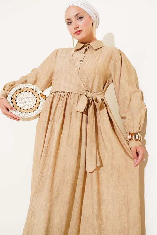 Gömlek Yaka Yandan Bağlamalı Elbise Camel