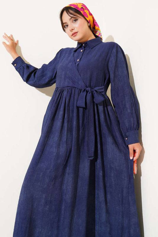 Gömlek Yaka Yandan Bağlamalı Elbise Lacivert