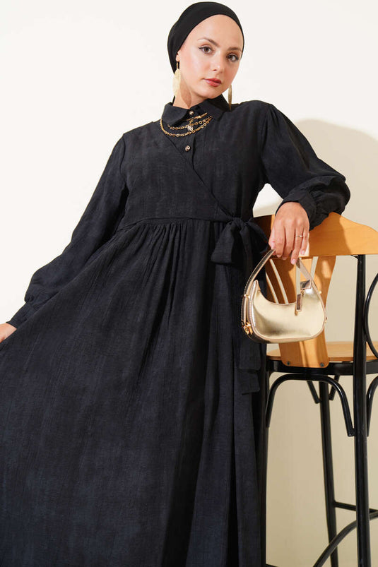 Gömlek Yaka Yandan Bağlamalı Elbise Siyah