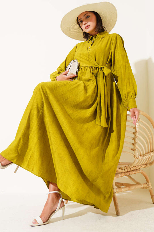 Gömlek Yaka Yandan Bağlamalı Elbise Yağ Yeşili