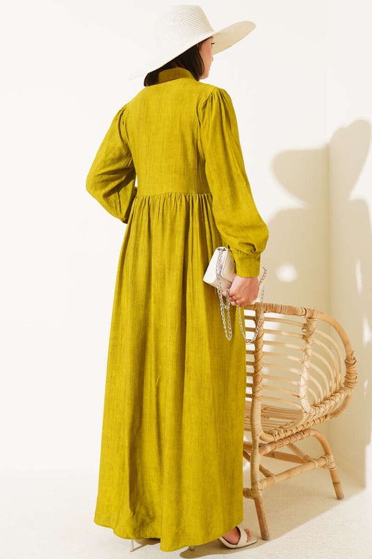 Gömlek Yaka Yandan Bağlamalı Elbise Yağ Yeşili