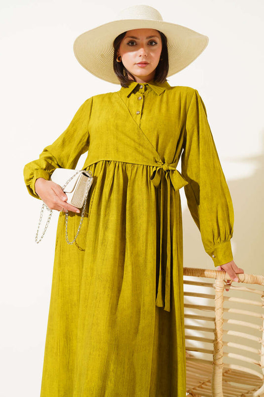 Gömlek Yaka Yandan Bağlamalı Elbise Yağ Yeşili