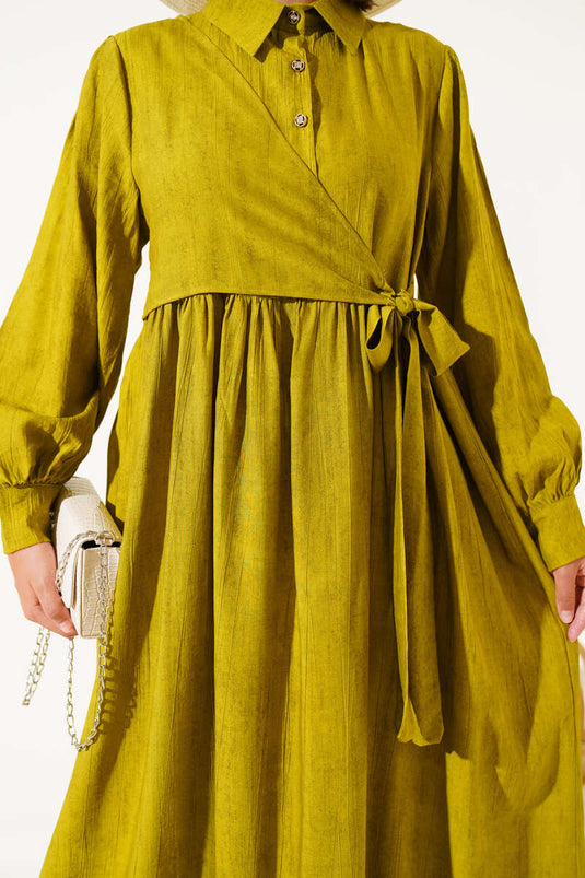 Gömlek Yaka Yandan Bağlamalı Elbise Yağ Yeşili