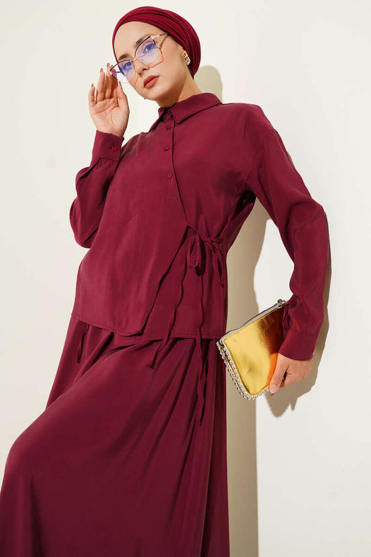 Gömlek Yaka Yandan Bağlamalı Etekli İkili Takım Bordo