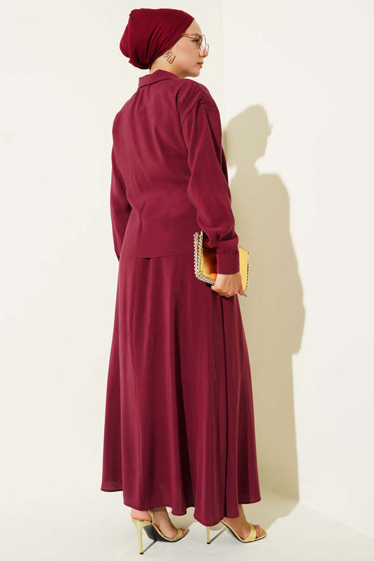 Gömlek Yaka Yandan Bağlamalı Etekli İkili Takım Bordo