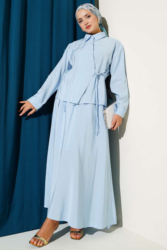 Gömlek Yaka Yandan Bağlamalı Etekli İkili Takım Mavi