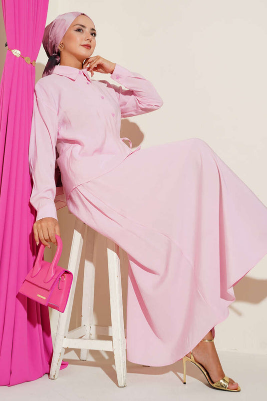 Gömlek Yaka Yandan Bağlamalı Etekli İkili Takım Pembe